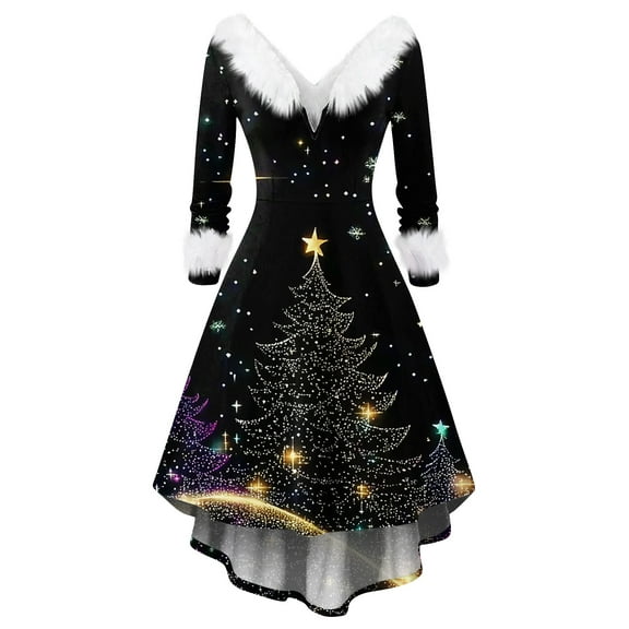 Women's Fashionable Casual Fitted Christmas Print Party Long-Sleeved V-Neck Hair Collar Dress for Holiday Parties and Events,Black,S
