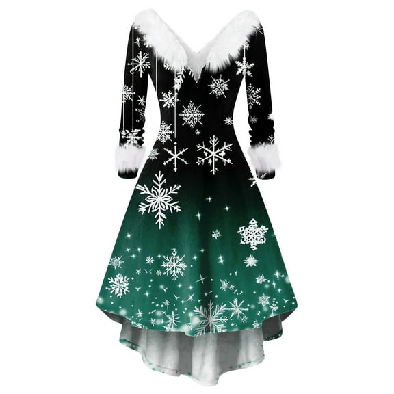 Women's Fashionable Casual Fitted Christmas Print Party Long-Sleeved V-Neck Hair Collar Dress for Holiday Parties and Events,Dark Green,4XL