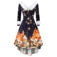 thumbnail image 1 of Women's Fashionable Casual Fitted Christmas Print Party Long-Sleeved V-Neck Hair Collar Dress for Holiday Parties and Events,Orange,4XL, 1 of 4