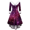 thumbnail image 1 of Women's Fashionable Casual Fitted Christmas Print Party Long-Sleeved V-Neck Hair Collar Dress for Holiday Parties and Events,Purple,M, 1 of 4