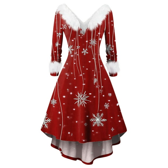 Women's Fashionable Casual Fitted Christmas Print Party Long-Sleeved V-Neck Hair Collar Dress for Holiday Parties and Events,Red,M