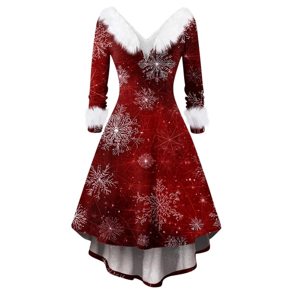 Women's Fashionable Casual Fitted Christmas Print Party Long-Sleeved V-Neck Hair Collar Dress for Holiday Parties and Events,Wine,M