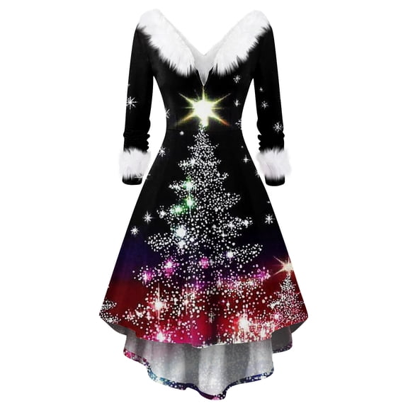 Women's Fashionable Casual Fitted Christmas Print Party Long-Sleeved V-Neck Hair Collar Dress for Holiday Parties and Events,Wine,S