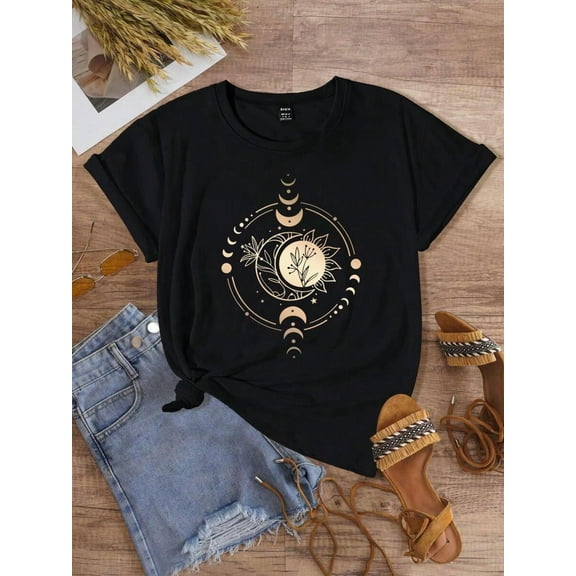 Women's Fashionable Casual Gold Moon Pattern Printed Short Sleeve T-Shirt Graphic Tees Women Tops