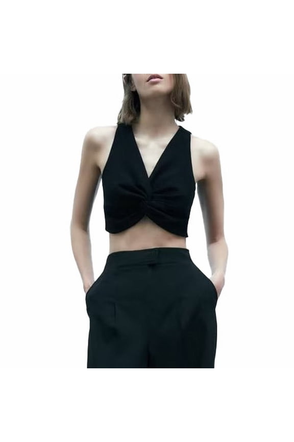 Women's Fashionable Casual Halter Neck Knitted Open Back Top