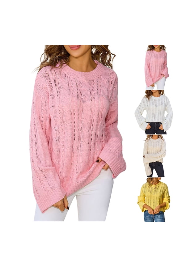 Women's Fashionable Casual Knitted Sweater Pullover Top Long Sleeve Round Neck Loose Fit Warm Soft Winter Holiday Gift | CSEONE,Beige L