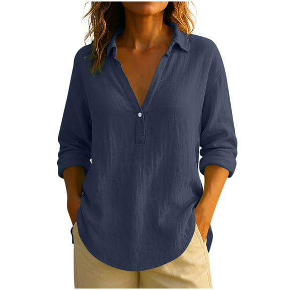 Women's Fashionable Casual Linen Cotton Blend Solid Color Lapel Long Sleeved Button V-Neck Top Soft Breathable Natural Fabric 2025 Trendy Work Outfits Wrinkle-Resistant Comfortable Daily Wear
