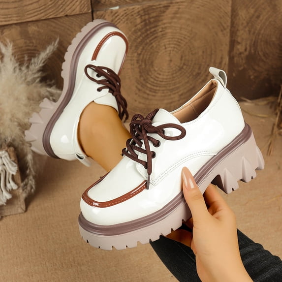 Women's Fashionable Casual Loafers All-Season Leather Shoes Solid Color Round Toe Lace-Up Low-Cut Heel Mid-Heel Flats Senior Front Women's Gifts