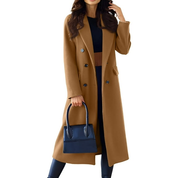 Women's Fashionable Casual Long Double-Breasted Coat Solid-Colour Woolen Outerwear Jacket for Elegant and Warm Style,Khaki,2XL
