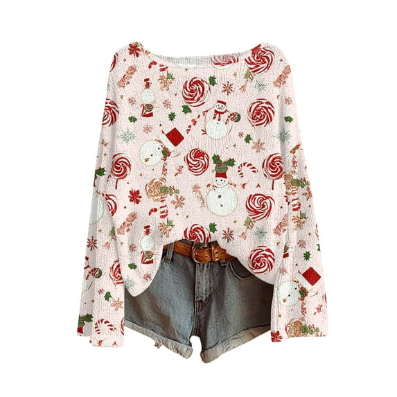 Women's Fashionable Casual Long-Sleeve Knit Pullover Top, Christmas Tree and Snowflake Print Design, Lightweight Soft Polyester Fabric for Comfortable All-Day Wear Xl Pink