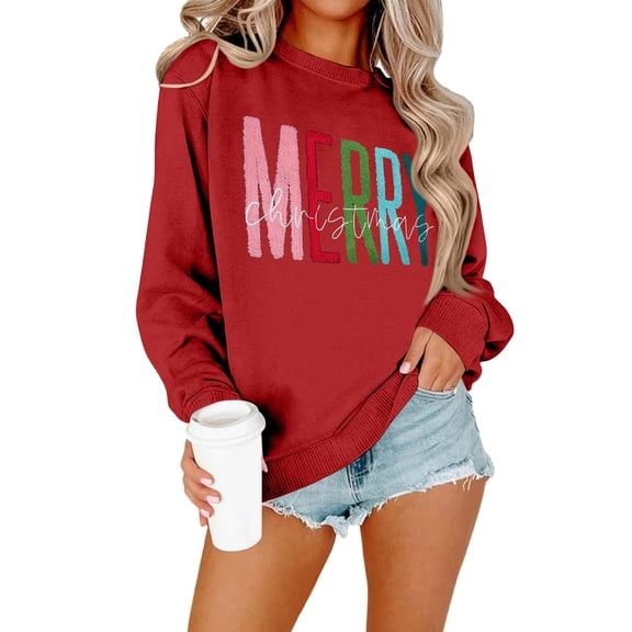 Women's Fashionable Casual Long Sleeve Loose Fit Christmas Print Round Neck Pullover Sweatshirt with MERRY Christmas Theme for Comfortable Holiday Outfits and Casual Style,Red,S