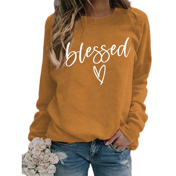 Women's Fashionable Casual Long Sleeve Printed Pullover Sweatshirt Blessed Design Comfort Top for Women Loose Fit Streetwear,Earthy Yellow,L