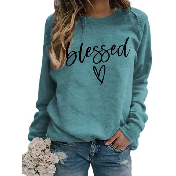 Women's Fashionable Casual Long Sleeve Printed Pullover Sweatshirt Blessed Design Comfort Top for Women Loose Fit Streetwear,Light Blue,L