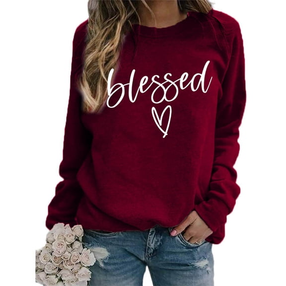Women's Fashionable Casual Long Sleeve Printed Pullover Sweatshirt Blessed Design Comfort Top for Women Loose Fit Streetwear,Wine,L