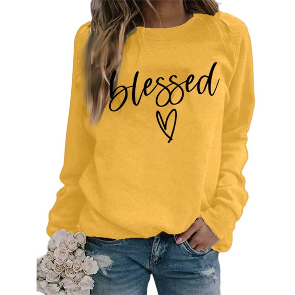 Women's Fashionable Casual Long Sleeve Printed Pullover Sweatshirt Blessed Design Comfort Top for Women Loose Fit Streetwear,Yellow,S