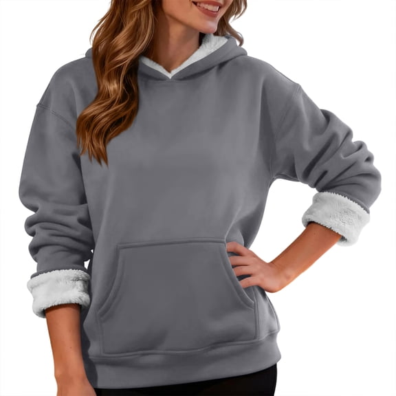 Women's Fashionable Casual Long Sleeve Top with Fleece Thickened Hooded Sweatshirt for Comfortable and Trendy Outfits,Gray,S
