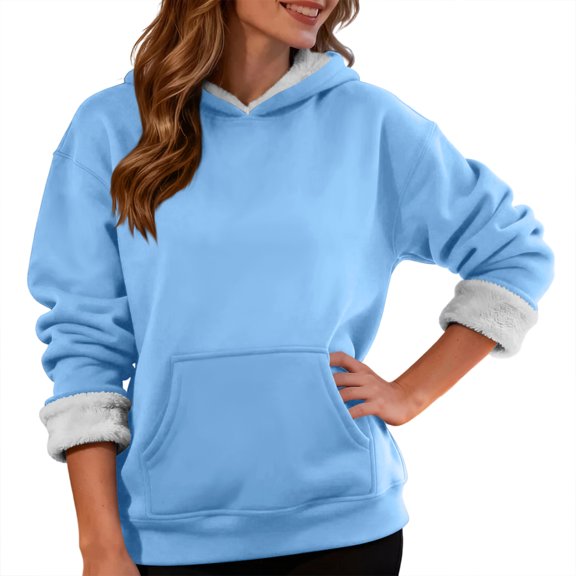 Women's Fashionable Casual Long Sleeve Top with Fleece Thickened Hooded Sweatshirt for Comfortable and Trendy Outfits,Sky Blue,S