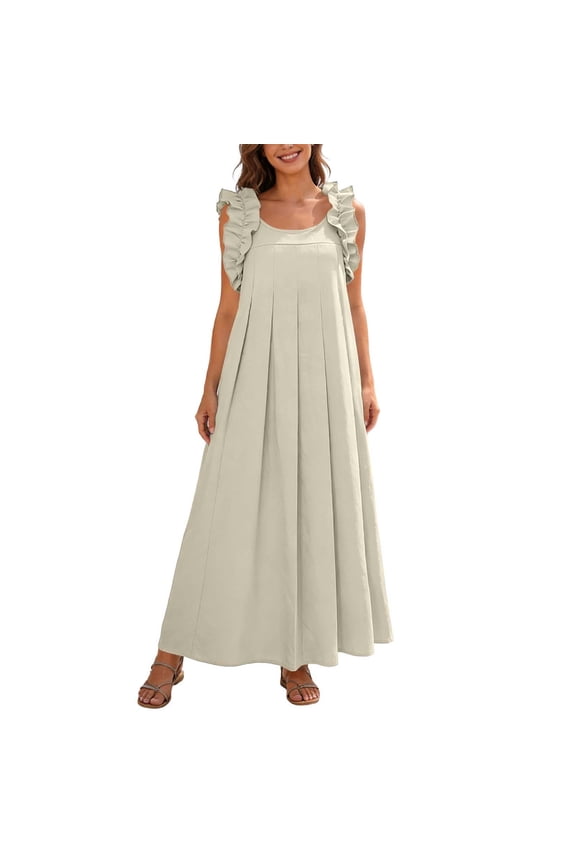 Women's Fashionable Casual Long Sleeved Ear Style Versatile Summer Resort Dress For Export Trade Solid Color Ladies Dress Soft Daily Dress For Women Beige S