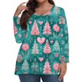 thumbnail image 1 of Women's Fashionable Casual Long Sleeved Plus Size Print Top Plus Size Floral Print Top with Christmas Plant Print, Festive Design Loose Fit Tops,Cyan,L, 1 of 7