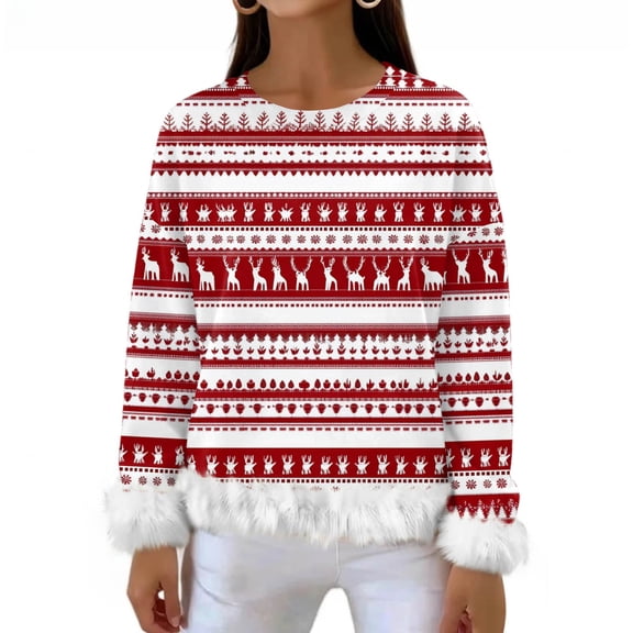 Women's Fashionable And Casual Long Sleeved Printed Pullover Sweatshirt, Christmas Design, Comfortable and Stylish Pullover for Women, Holiday Season Wear,Hot Pink,S