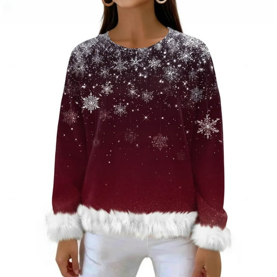 Women's Fashionable And Casual Long Sleeved Printed Pullover Sweatshirt, Christmas Design, Comfortable and Stylish Pullover for Women, Holiday Season Wear,Wine,S