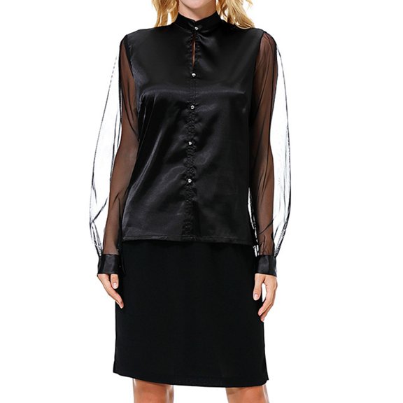 Women's Fashionable Casual Long Sleeved Stand Imitation Silk Top Shirt Button up Blouse for Women Womens Long Sleeve Button down Shirt Workout Women Shirt Cute Button down Shirts for Women Womens