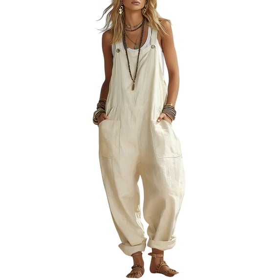 Women's Fashionable Casual Loose-Fit Plain Sleeveless Jumpsuit With Patch Pockets, Size S-2XL