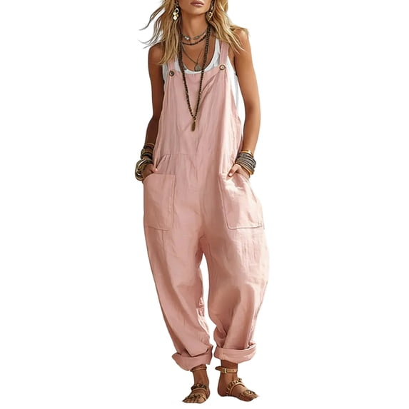 Women's Fashionable Casual Loose-Fit Plain Sleeveless Jumpsuit With Patch Pockets, Size S-2XL