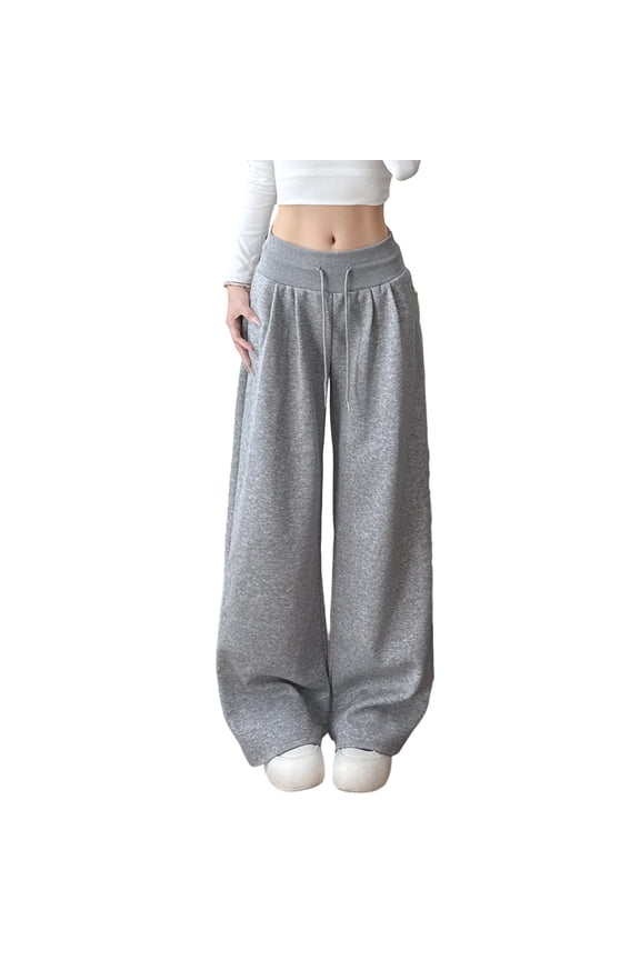 Women's Fashionable Casual Loose Fleece Lined Solid Color Extended Length Long Pants for Comfortable and Warm Wear, Ideal for Cold Weather Indoor and Outdoor,Light Gray,M
