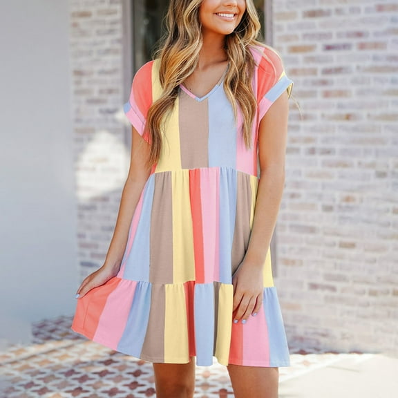 Women's Fashionable Casual Multicolor Striped Colorblock Layered Mini Dress High Waist Short Sleeve Maxi Dress