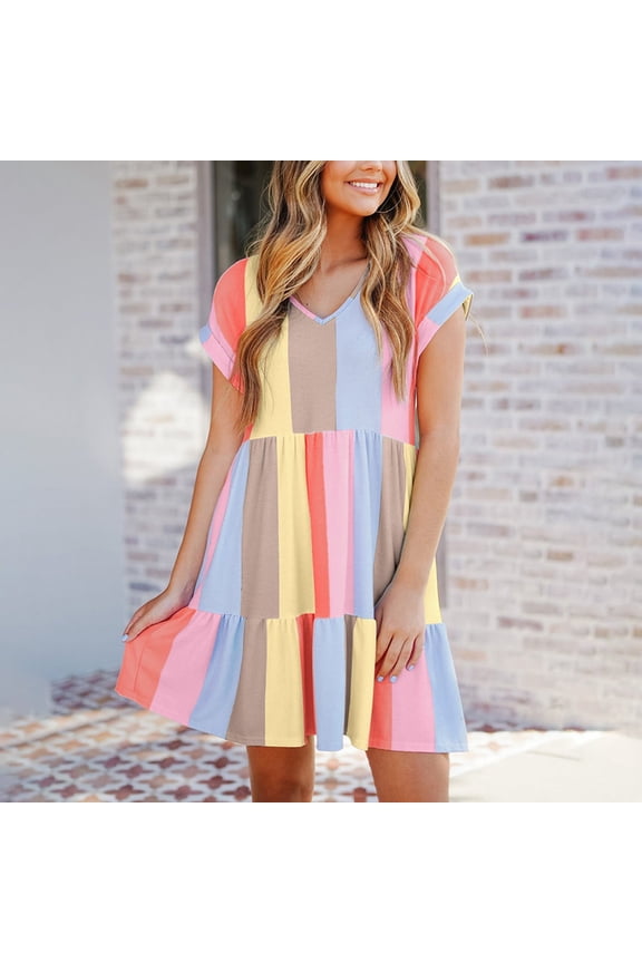 Women's Fashionable Casual Multicolor Striped Colorblock Layered Mini Dress High Waist Short Sleeve Maxi Dress