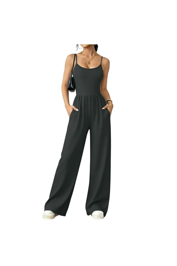 Women's Fashionable Casual Plain-Coloured -Neck Wrap-Around Wide-Leg Loose-Fit Jumpsuit, Size S-2XL