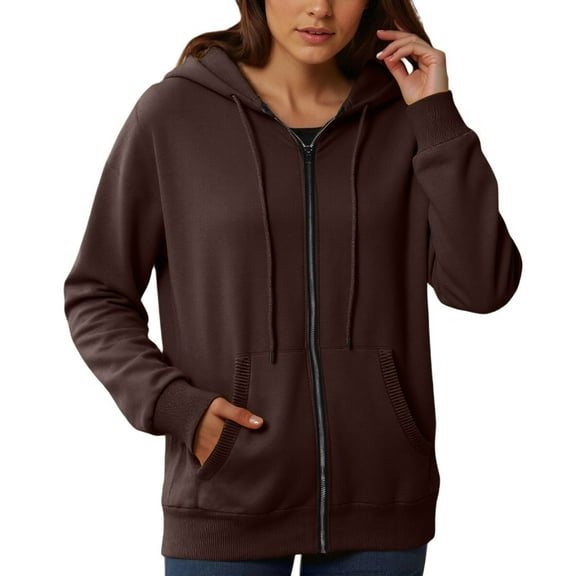 Women's Fashionable Casual Pocket Zipper Long Sleeved Hooded Solid Color Sweatshirt