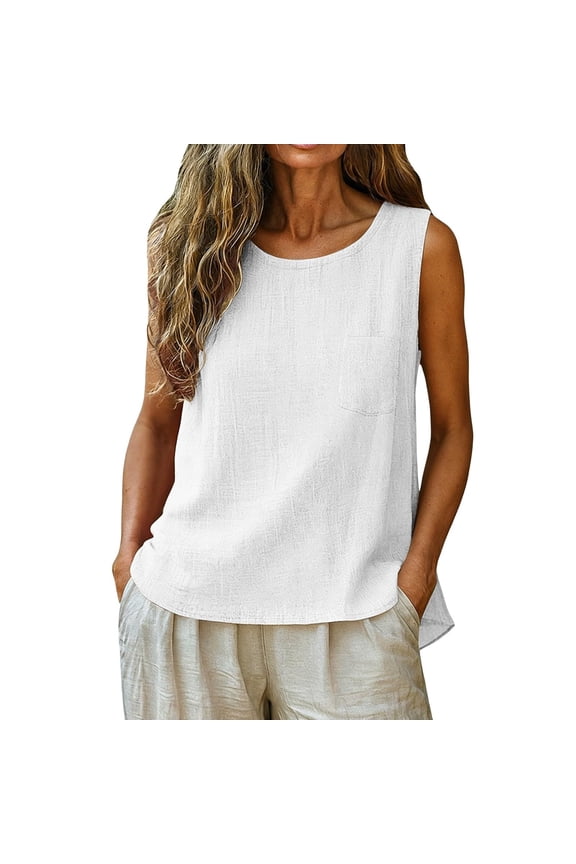 Women's Fashionable Casual Round-Neck Sleeveless Top: Plain-Coloured Cotton-Linen T-Shirt With Pockets, Size S-2XL