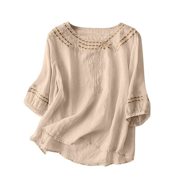 Women's Fashionable Casual Solid Color Cotton And Linen Top Shirt Button T Shirt White Women Blending Shirts Women's Short Sleeve T-Shirt(XL)