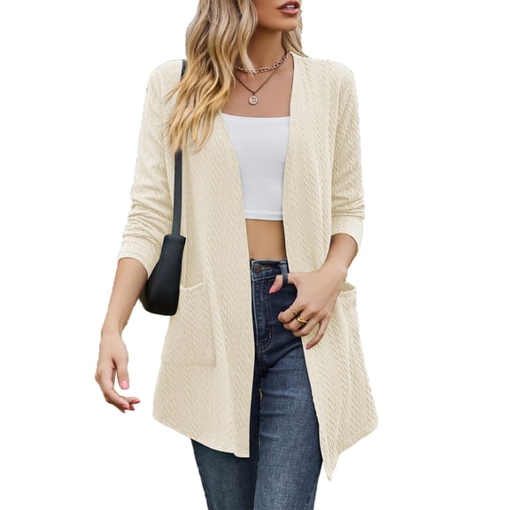 Women's Fashionable Casual Solid Color Long Sleeved Pocket Loose Cardigan Jacket for Year-Round Wear , Practical Open Front Coat with Pockets,Khaki,XL