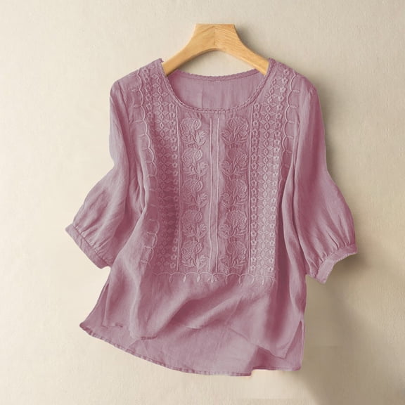 Women's Fashionable Casual Solid Color Pleated Cotton And Linen Tops Shirts And T Shirts Pink