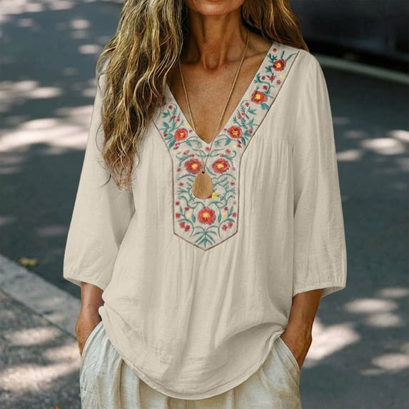 Women's Fashionable Casual Solid Color Pleated Cotton Linen 3/4 Sleeved Top
