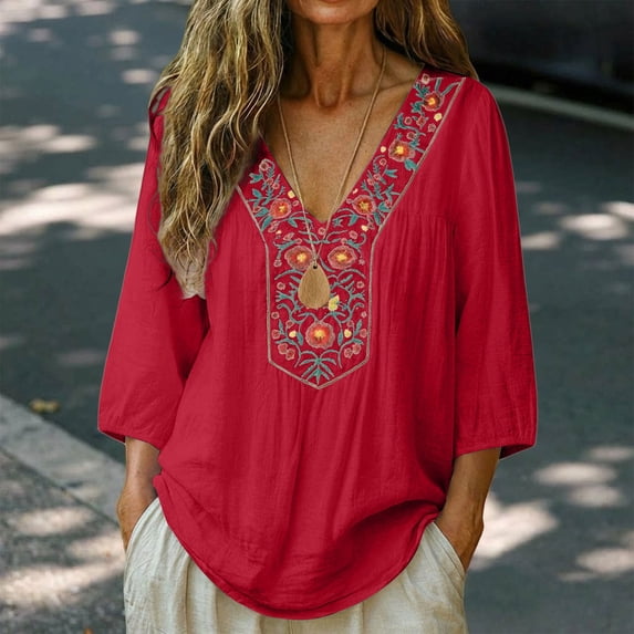 Women's Fashionable Casual Solid Color Pleated Cotton Linen 3/4 Sleeved Top
