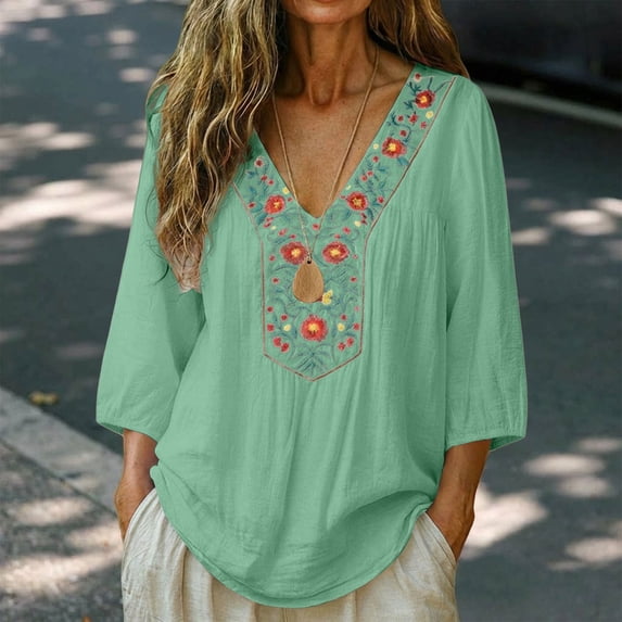 Women's Fashionable Casual Solid Color Pleated Cotton Linen 3/4 Sleeved Top