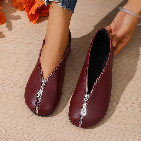 Women's Fashionable Casual Solid Color Versatile Front Zipper Round Toe Low Heel Soft Leather Flat Shoes Classic Clog Pumps Comfortable Slip On Gifts