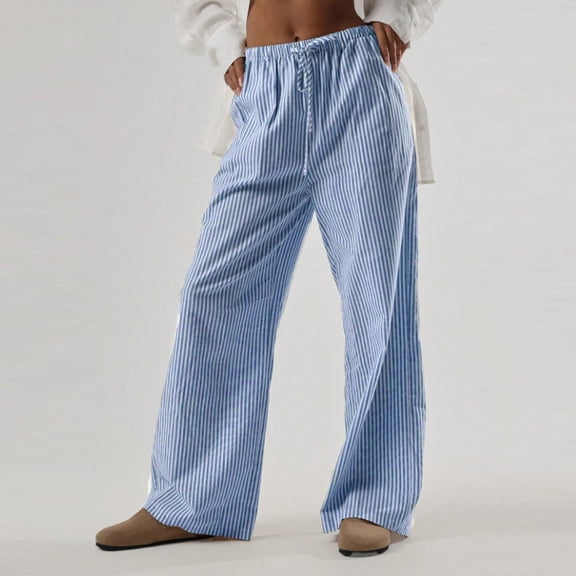 Women's Fashionable Casual Striped Straight Leg Trousers, Elastic Waist Office Pants for Women, Comfortable Dress Pants, Business Casual Wear,Sky Blue,S