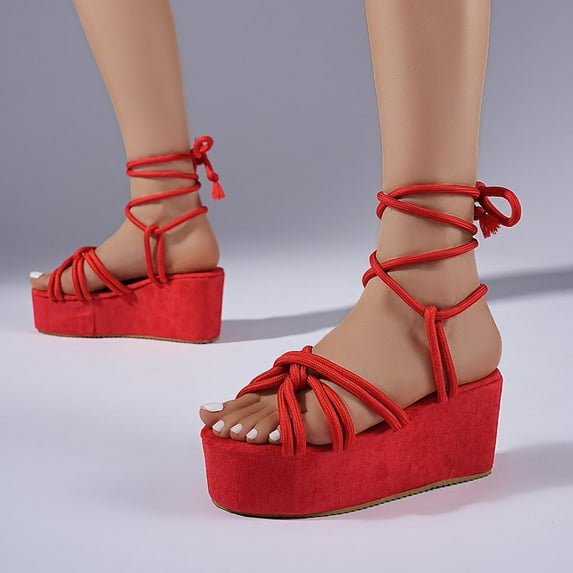 Women's Fashionable Casual Summer Sandals-Solid Color Strap Flat Thick Sole Open Toe Slippers Red 38
