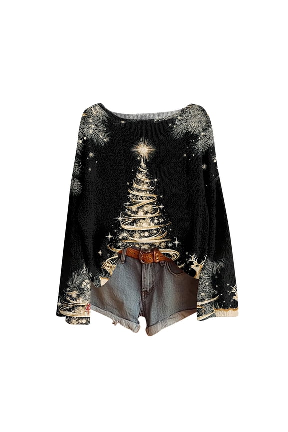 Women's Fashionable Casual Three-Quarter Sleeve O-Neck Christmas Tree Print Lightweight Polyester Top, Regular Fit, Made Of Soft Lightweight Polyester Fabric, Perfect for Everyday S Gray