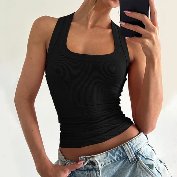 Women's Fashionable Casual U-Neck Solid Color Tank Top for Everyday Summer and Basic Layering,Black,M