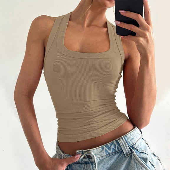 Women's Fashionable Casual U-Neck Solid Color Tank Top for Everyday Summer and Basic Layering,Khaki,M