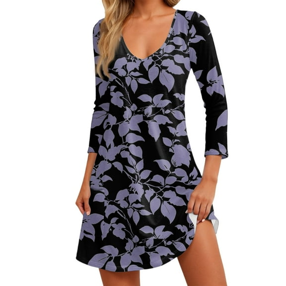 Women's Fashionable Casual V-Neck Floral Print Pocket Seven Quarter Sleeve Dress Lightweight Soft Spring Summer Sundress 2025 New