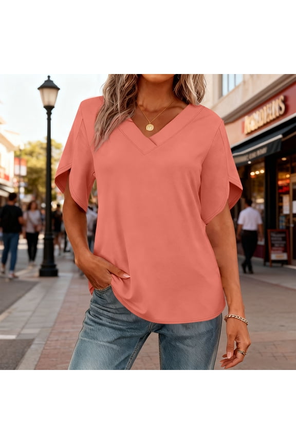 Women's Fashionable Casual V Neck Short Sleeve Ruffle Solid Color T-Shirt Top Tee Loose Fit Breathable Summer Tops | CSEONE,Orange L