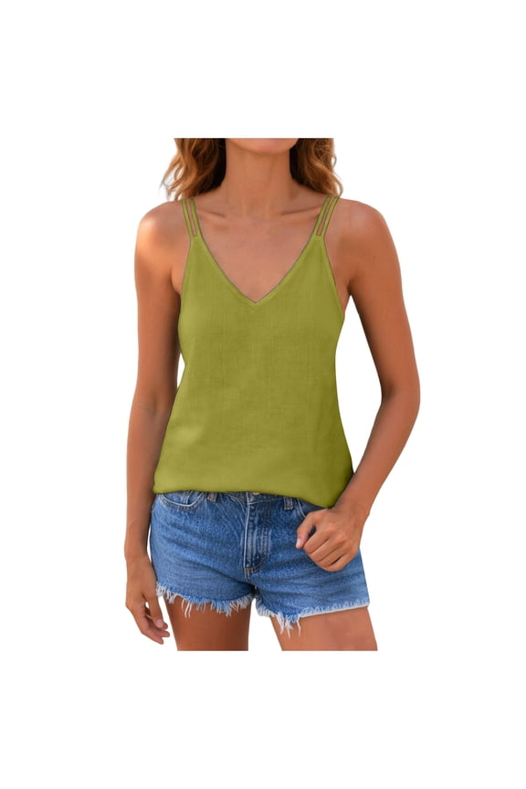 Women's Fashionable Casual V Neck Sleeveless Double Braided Strap Mini Solid Color Top