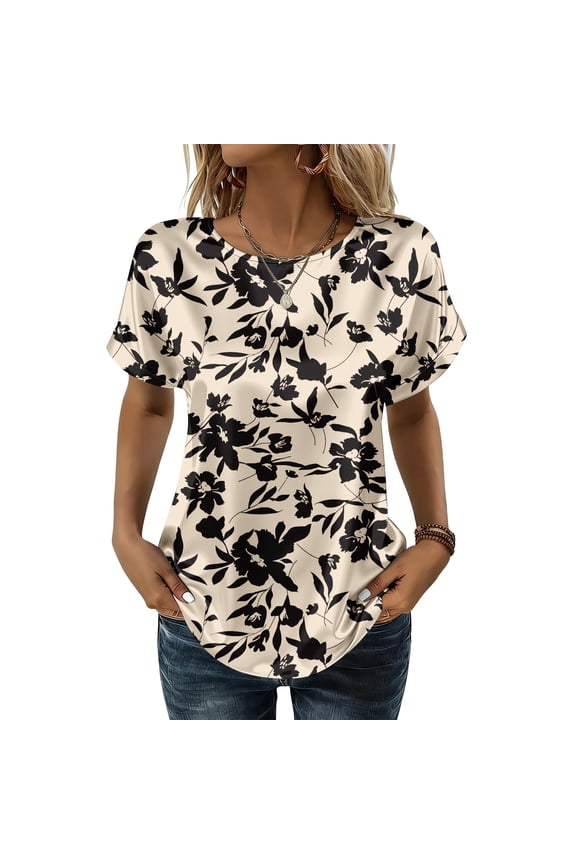 Women's Fashionable Casual Vintage Printed Tops, 2026 Trendy Short Sleeve Dressy Shirts,Spring Loose Fit Crew Neck Satin Silk Blouses